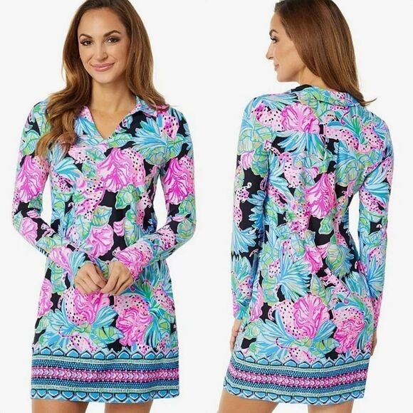 🆕 Lilly Pullitzer Andrienne UPF 50+ Dress in Onyx Jaguar Jungle Engineer - Picture 1 of 10